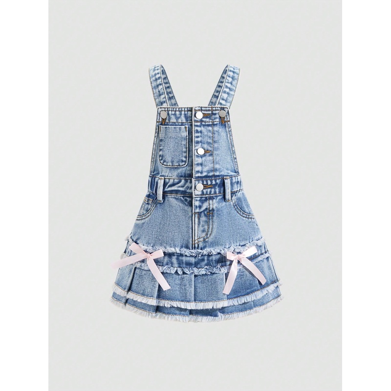 Young Girl Preppy Outdoorsy Style Bowknot  Decor Elastic Waist Frayed Hem Denim Overall Dress Without Belt