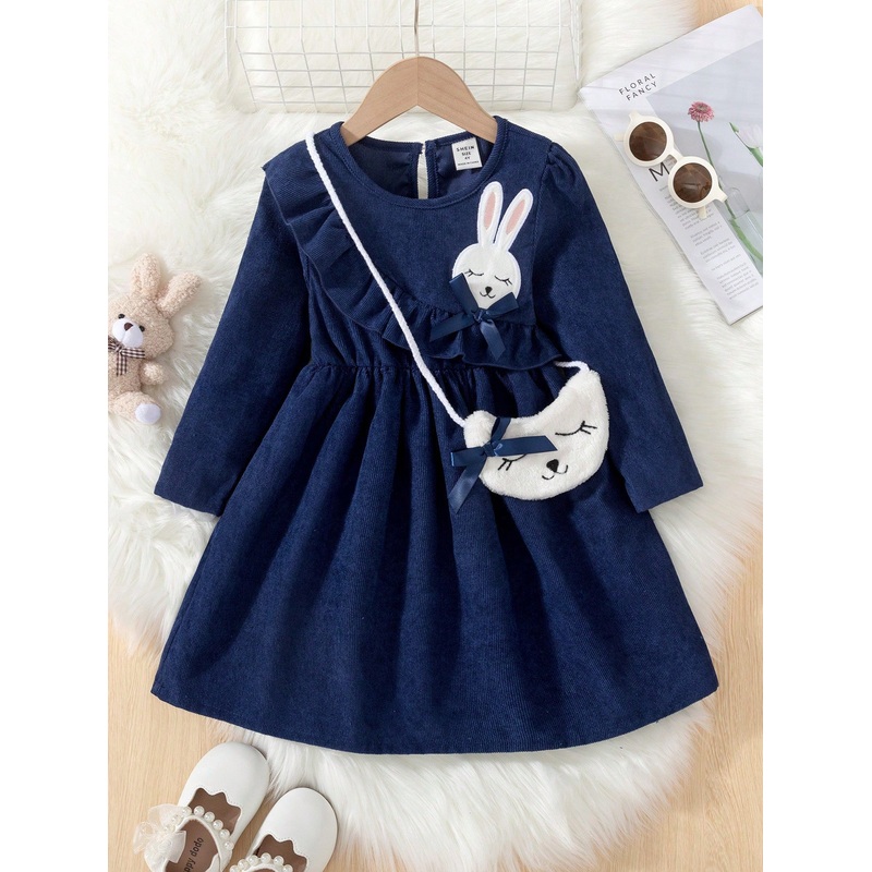 Young Girl Rabbit Embroidered Bow Decor Dress, Fashion Comfortable Warm Cute Sweet Outfit For Autumn/Winter