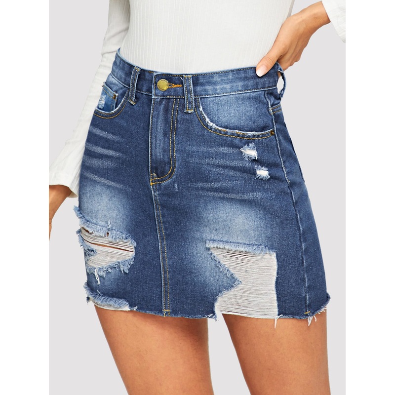 5-pocket Ripped Detail Bodycon Denim Skirt