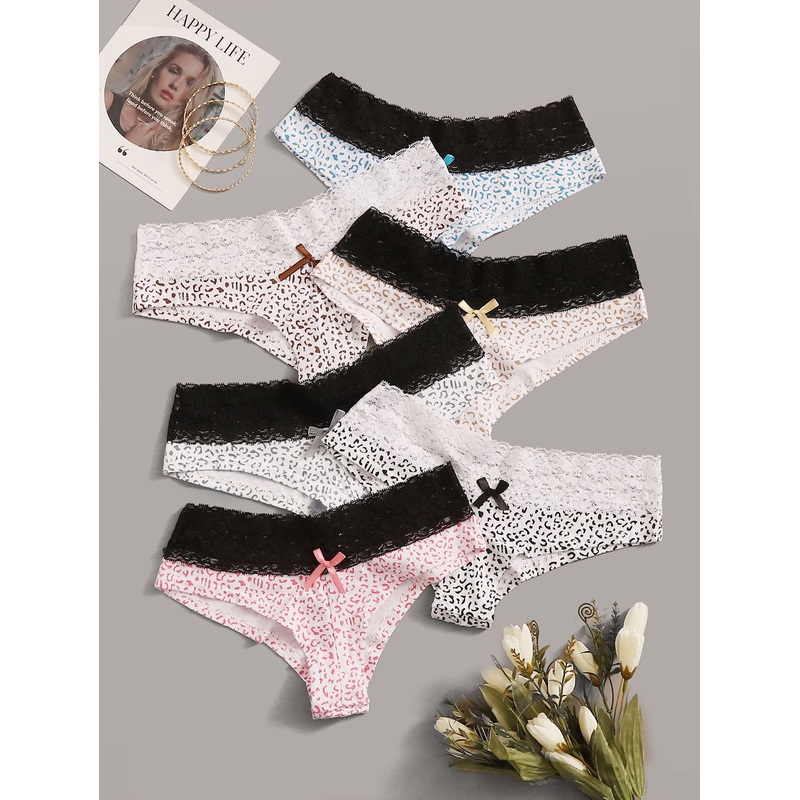 6pack Leopard Pattern Lace Trim Panty Set