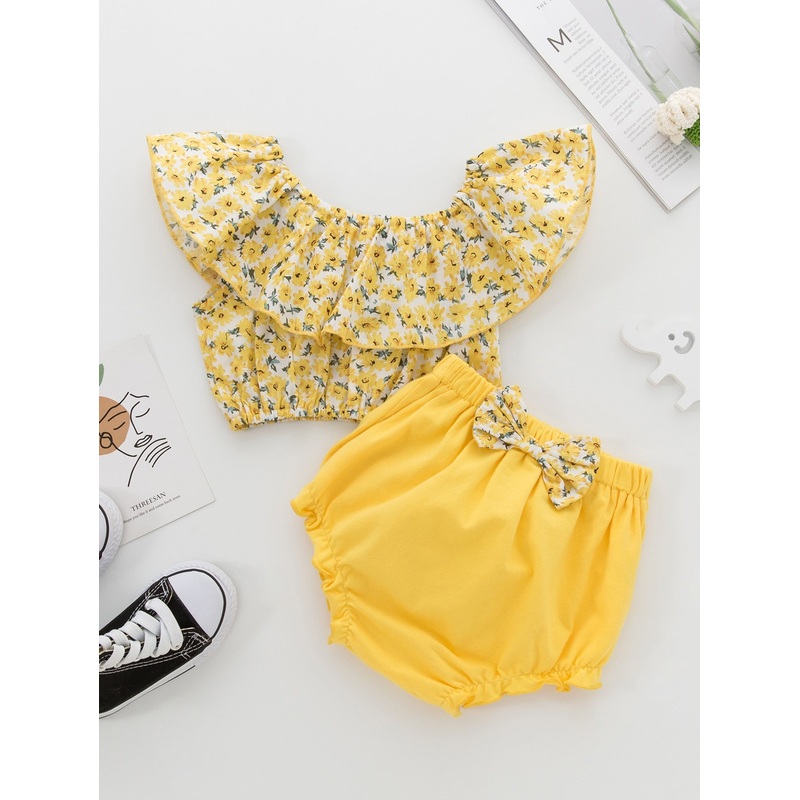 Baby Girl Floral Print Ruffle Trim Top And Bow Front Shorts Set