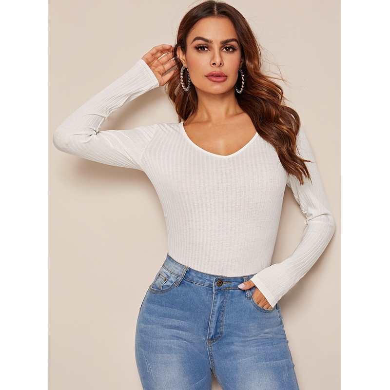 Cotton V-neck Rib-knit Tee|XS