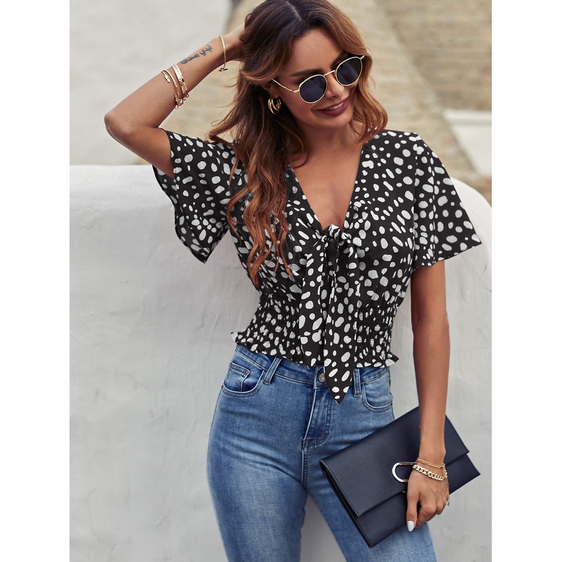 Dalmatian Tie Front Shirred Top