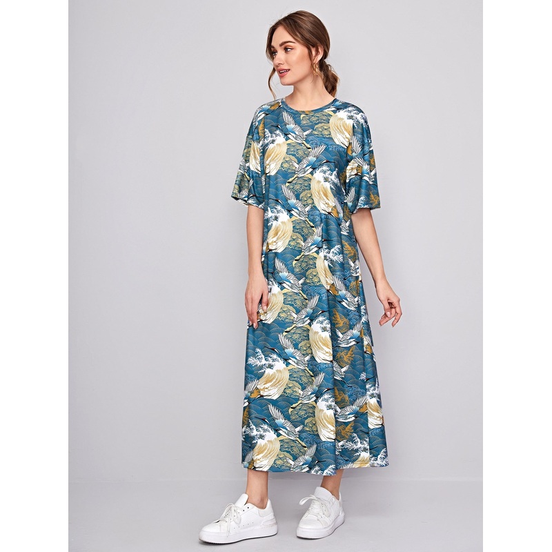 Drop Shoulder Red-crowned Crane Print Dress