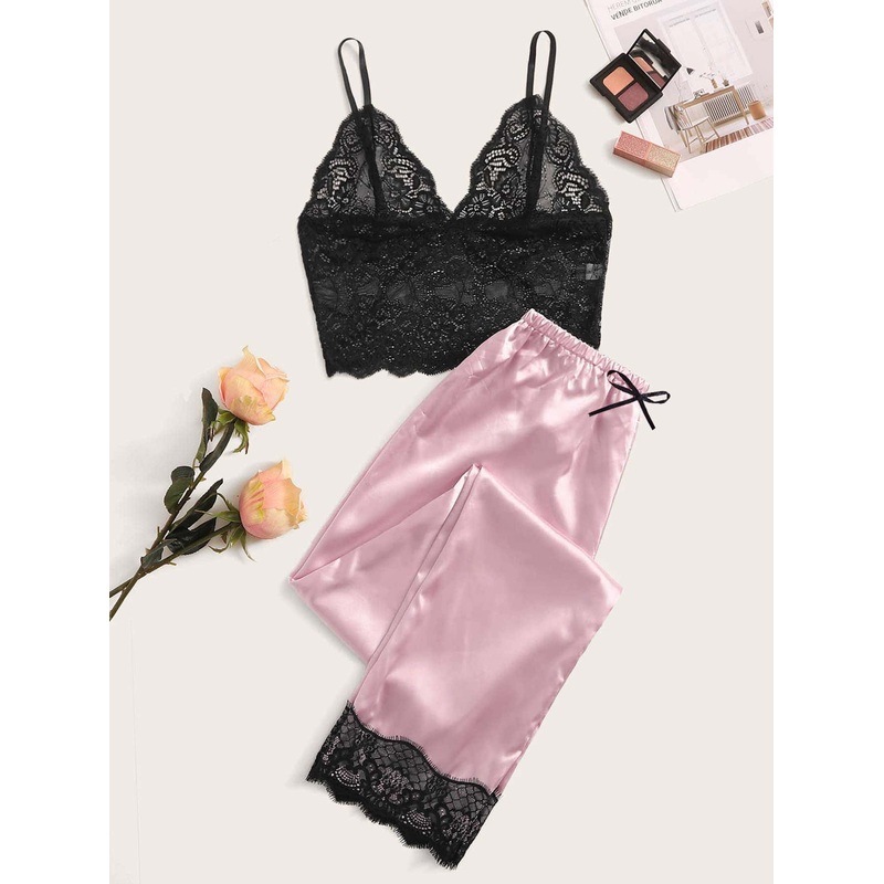 Floral Lace Cami With Satin Pants PJ Set
