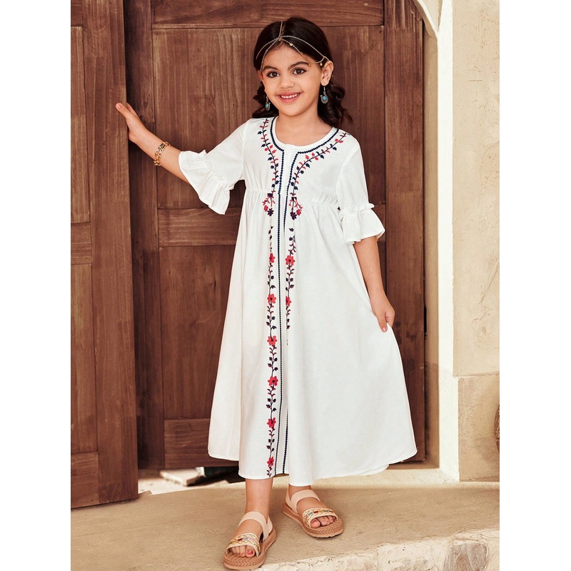 Young Girl Casual Matching Mother-DaughterPositioned Printed White Long Dress,Suitable For Spring And