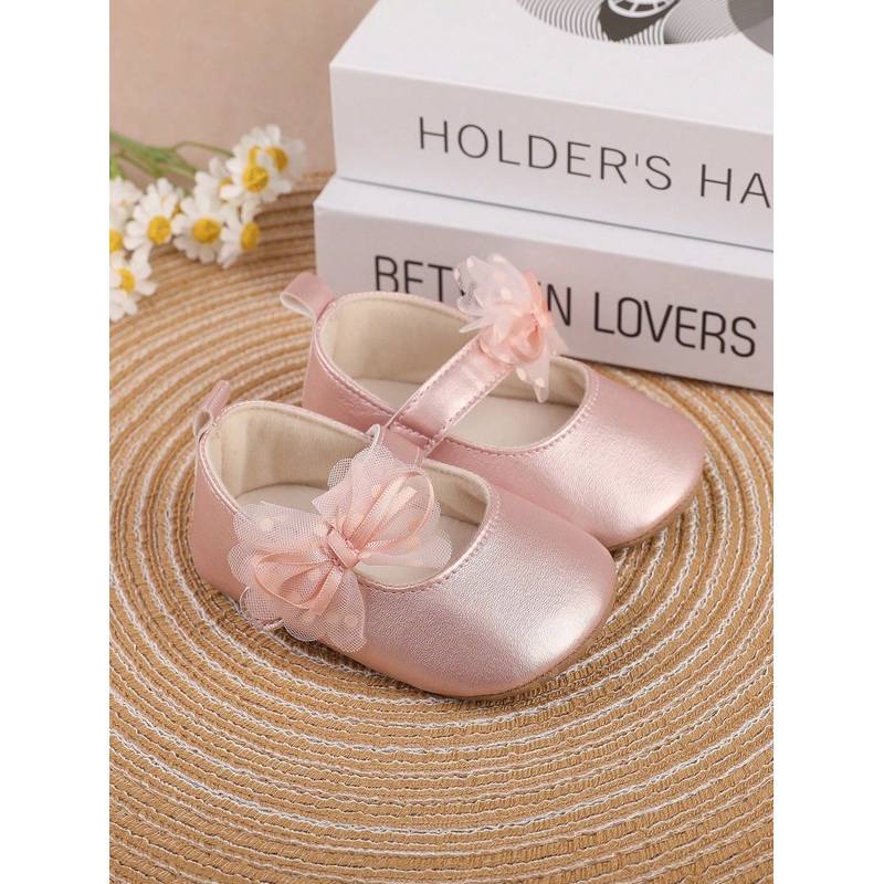 1pair Girls’ Butterfly & Flower Pu Hook-And-Loop Flat Casual Princess Shoes For Spring And Autumn