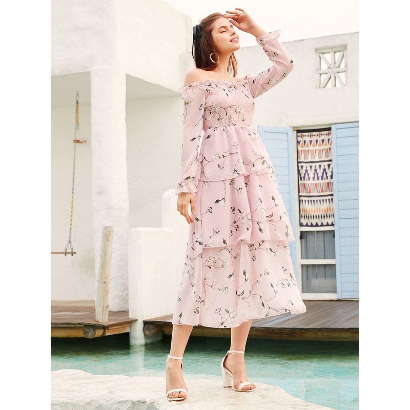 Bardot Shirred Tiered Hem Floral Print A-line Dress