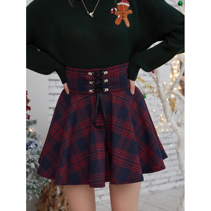 Christmas Tartan Lace Up Skater Skirt