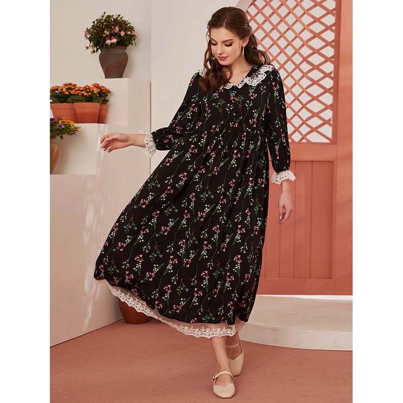 Contrast Lace Floral Print Smock Dress