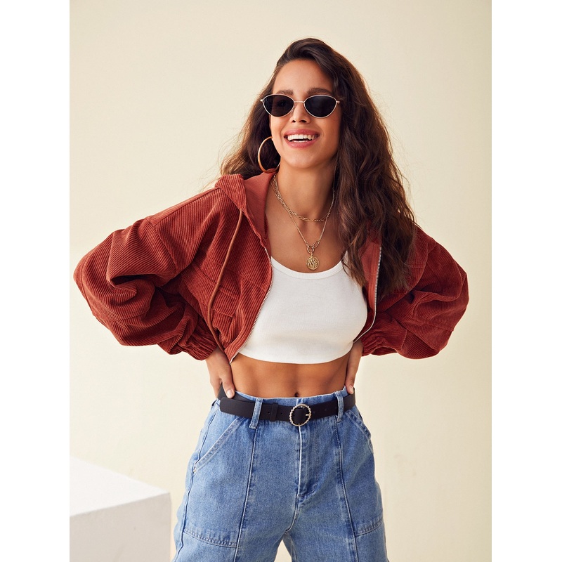 Corduroy Flap Pocket Drawstring Crop Jacket