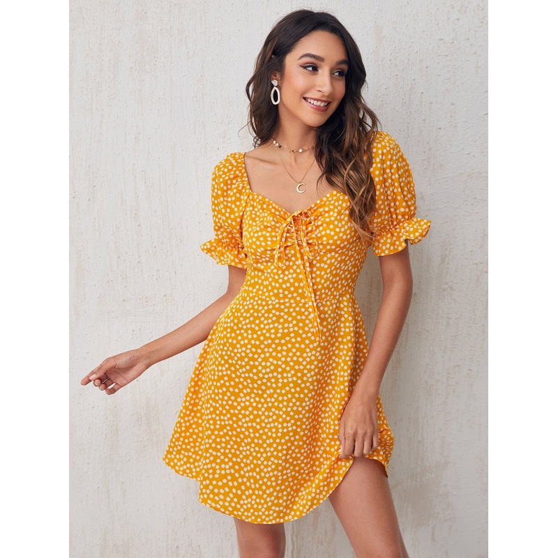 Ditsy Floral Tie Front Flounce Sleeve Dress