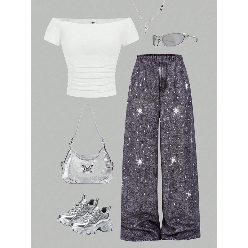 Y2K Style Teen Girl 1 Set: Solid Color Off Shoulder Knit Top + Denim Effect Rhinestone Loose Wide-Leg