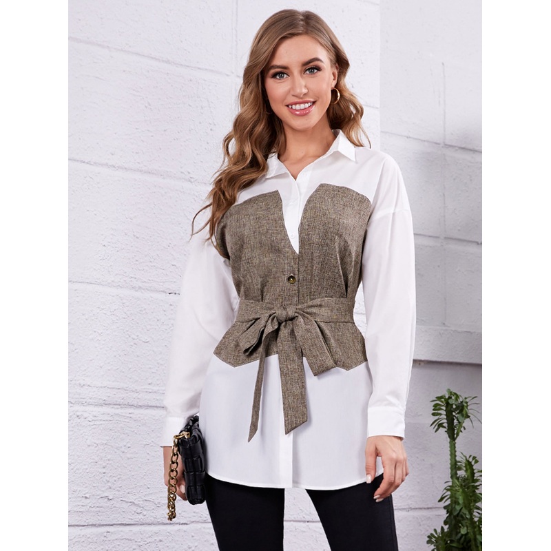 Drop Shoulder 2 In 1 Blouse Without Belt