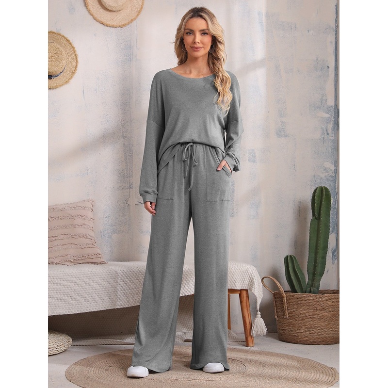 Drop Shoulder Top & Drawstring Pocket Front Wide Leg Pants