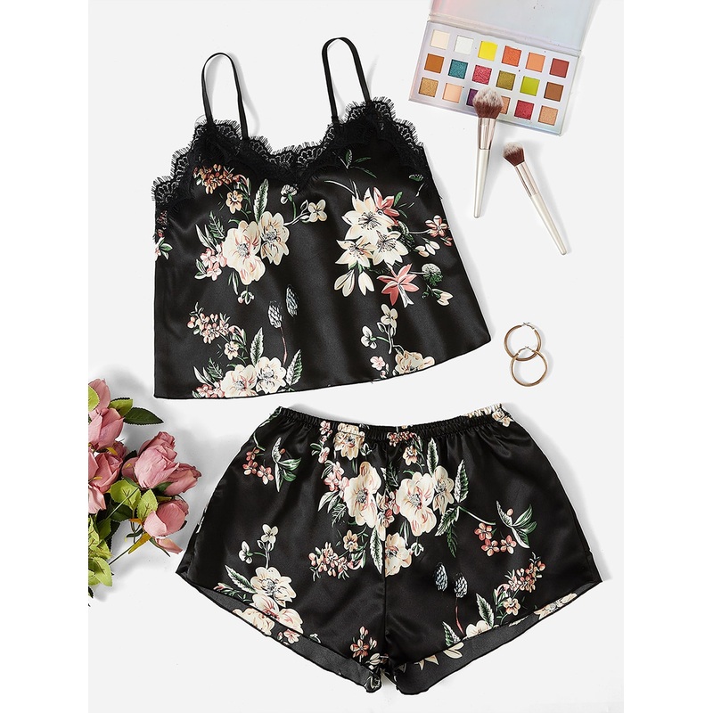 Floral Lace Trim Cami Top & Shorts Night Set