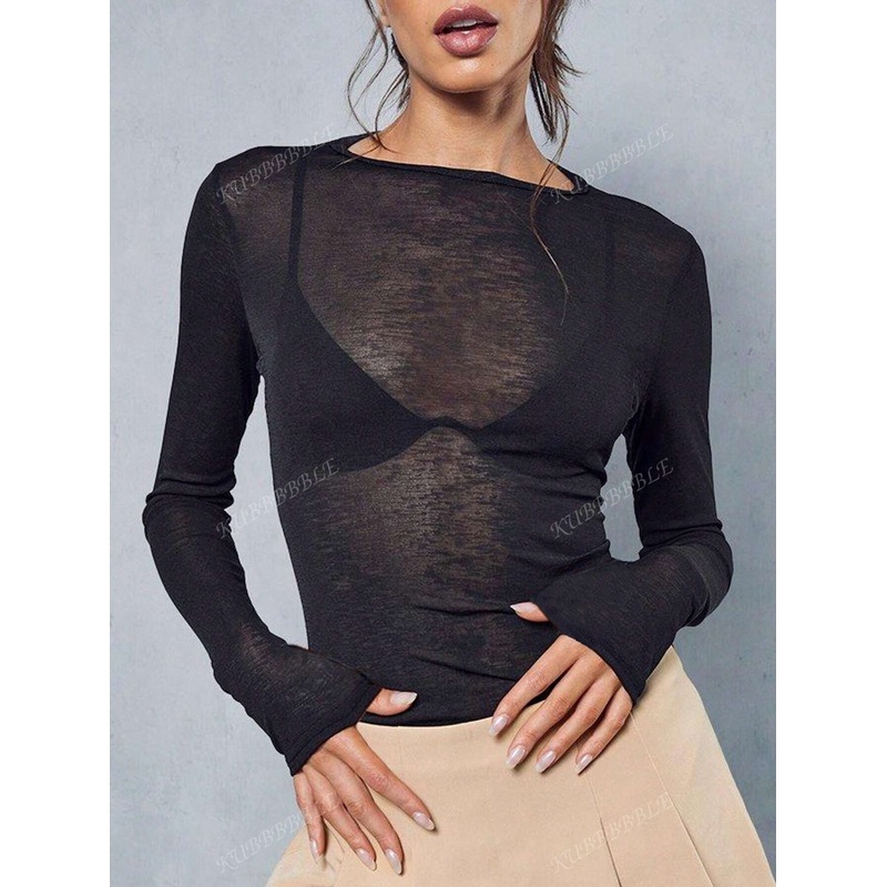 Y2K Stretchy See-Through Long Sleeve Round Neck Slim Fit T-Shirt Going Out Tops