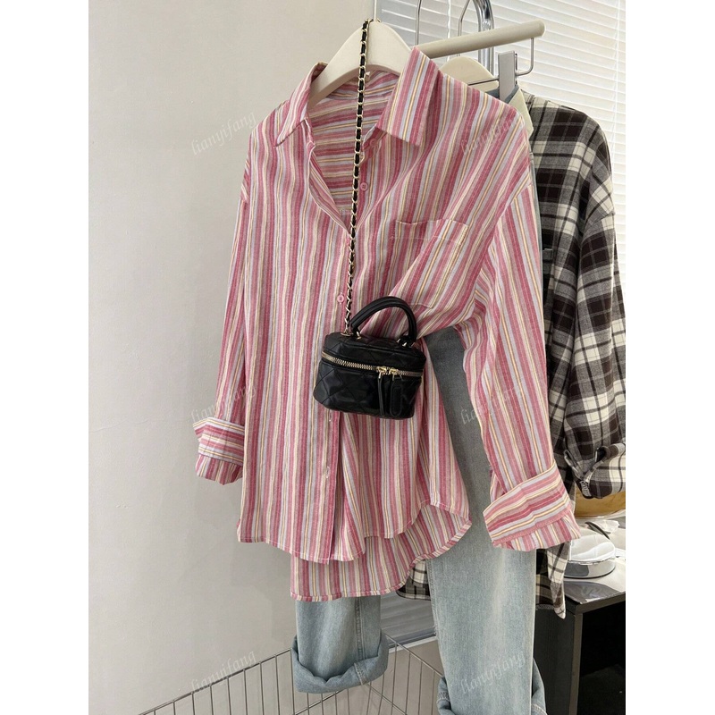 YUXIN Vintage Casual Loose Striped Blouse, Women Long Sleeve Collared Top Jacket, Easy To Match Versatile,