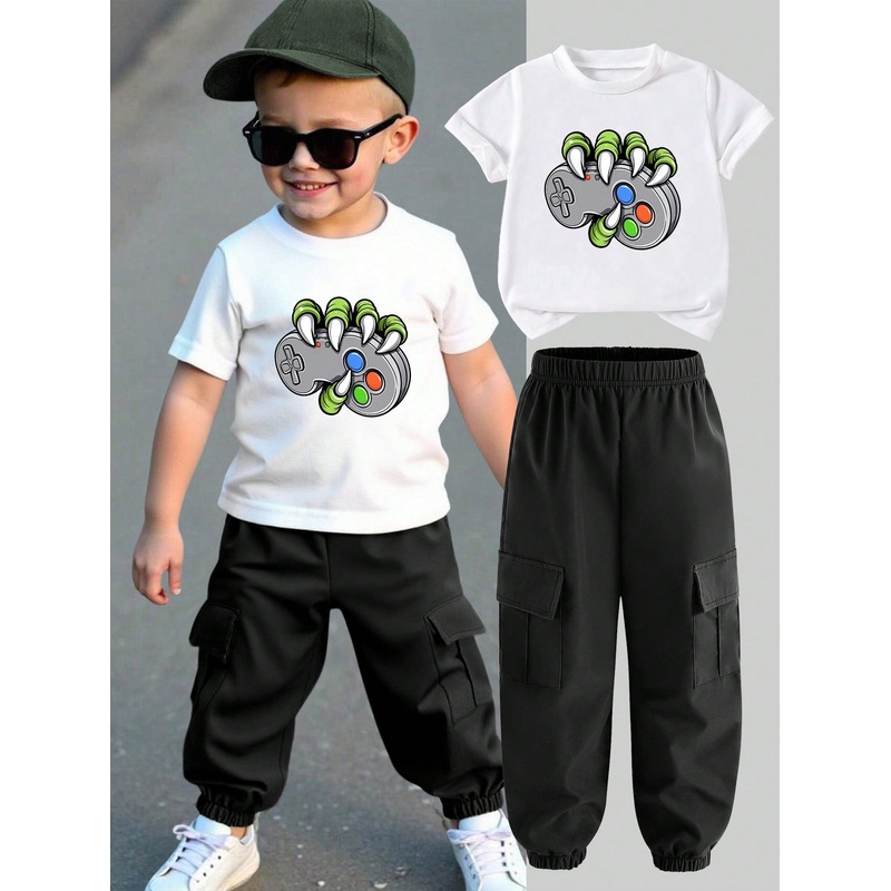 Young Boy Monster Game Controller Print Round Neck Short Sleeve T-Shirt And Drawstring Waist Cargo Pants