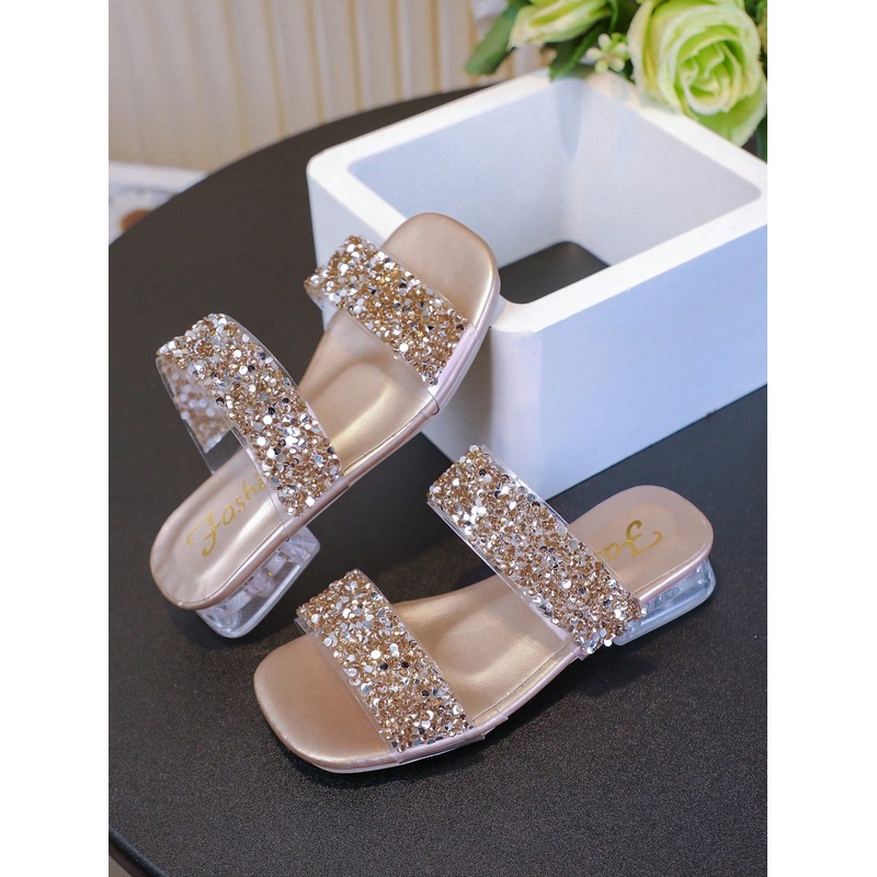 1 Pair Girl Summer Fashion Thick Heel Rhinestone Glitter Slides Wedge Sandals, Stylish & Versatile