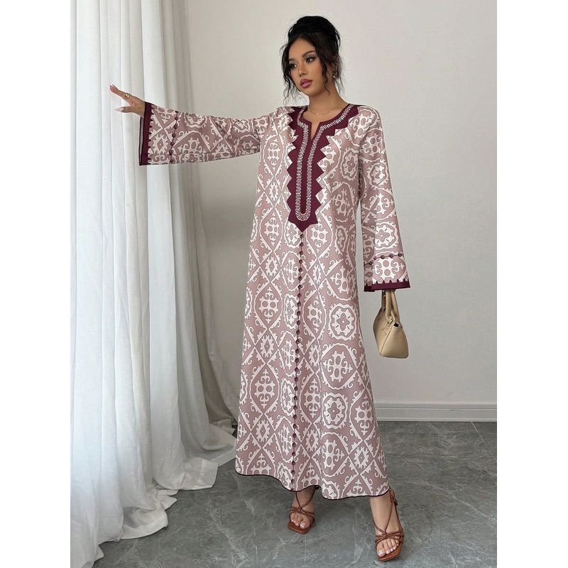 Yasmyna Women’s Woven Printed Loose Long Sleeve Arabic Style Dress,Modest