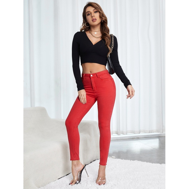 Zipper Fly Solid Skinny Jeans|S