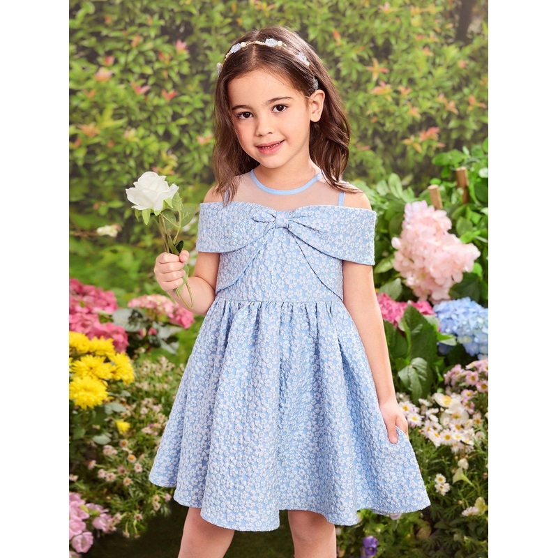 Young Girl Woven Solid Color Jacquard Crew Neck Fitted Dress