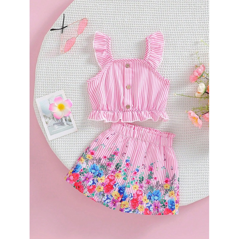 Young Girl Elegant Flower Patterned Button Design Tank Top With Elastic Shorts Set, Suitable For Holiday