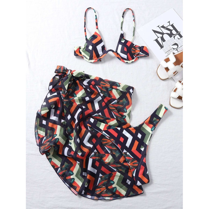 3pack Geo Print Underwire Bikini Swimsuit & Beach Skirt