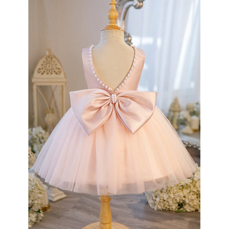 Young Girls Bow Back Deep V Mesh Princess Dress For Young Girl, Girls Birthday Party, Wedding Flower