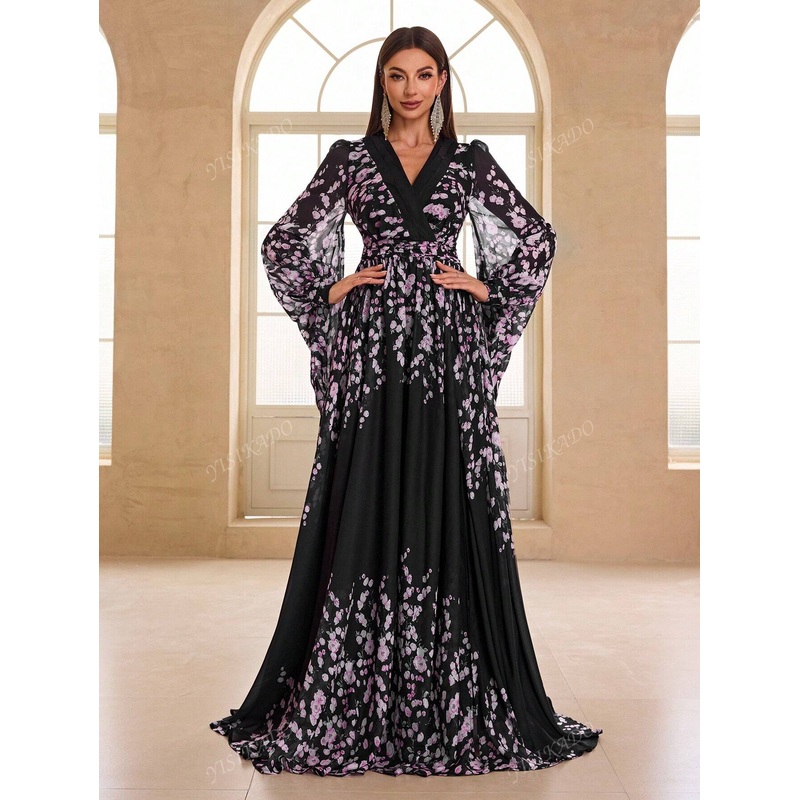 YISIKADO Women’s Elegant Chiffon Cross V-Neck Long Sleeve Floor Length Print Formal Dress For Ball Event,
