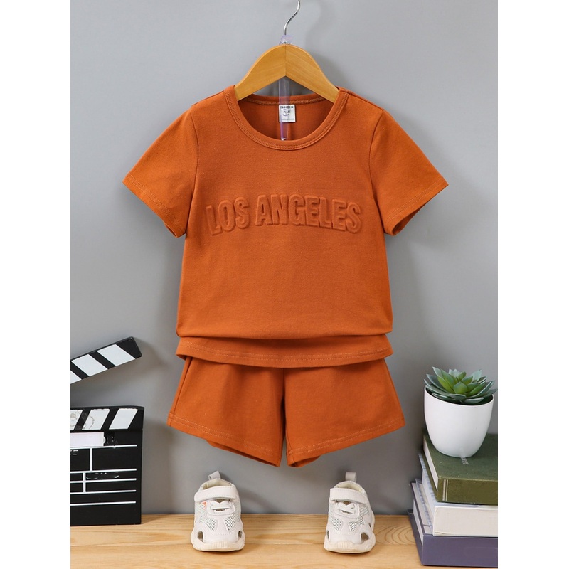 Young Boy 2pcs/Set Los Angeles Letter Print Short Sleeve T-Shirt And Shorts Set, Summer Casual And Breathable