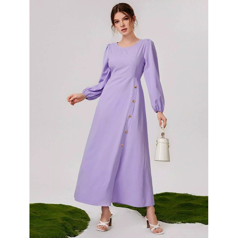 Button Detail Puff Sleeve A-line Dress
