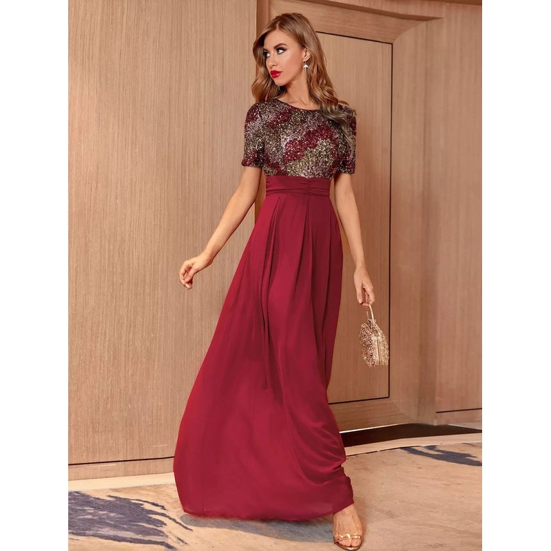 Contrast Sequin V-back A-line Dress