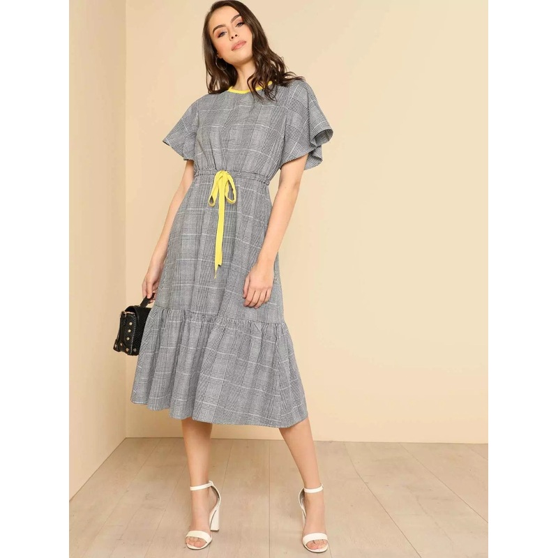 Drawstring Waist Ruffle Hem Plaid Dress