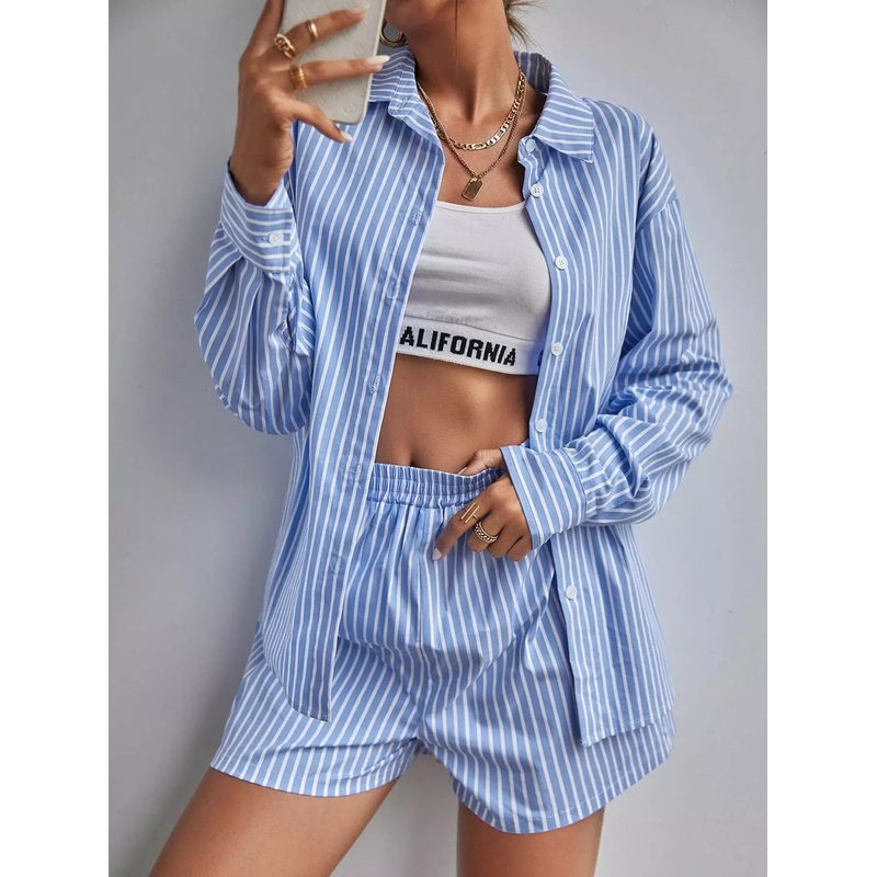 Striped Drop Shoulder Blouse & Shorts