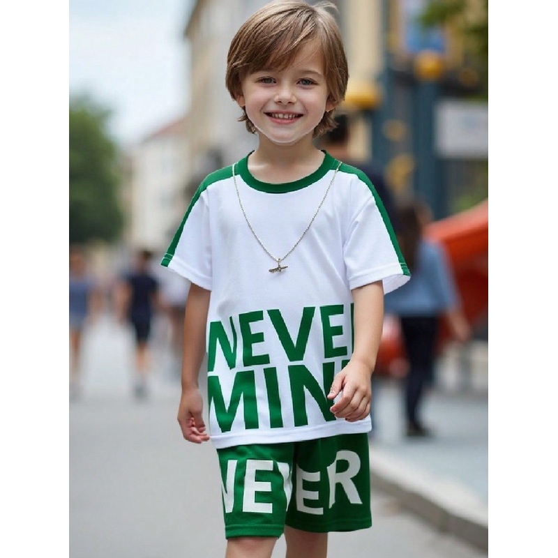 Young Boy Casual Big Letter Print Patchwork Short Sleeve T-Shirt And Shorts Set, Spring/Summer