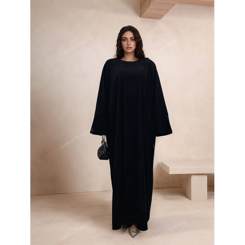 049 Quality Corduroy Split Sleeve Shift Dress,Modest