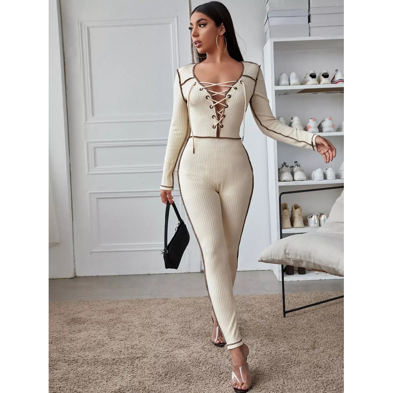 Topstitching Grommet Lace-up Ribbed Jumpsuit