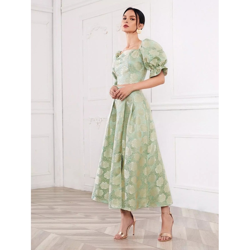 Zipper Back Flounce Sleeve Jacquard Crop Top & Boxy Pleated Skirt Set