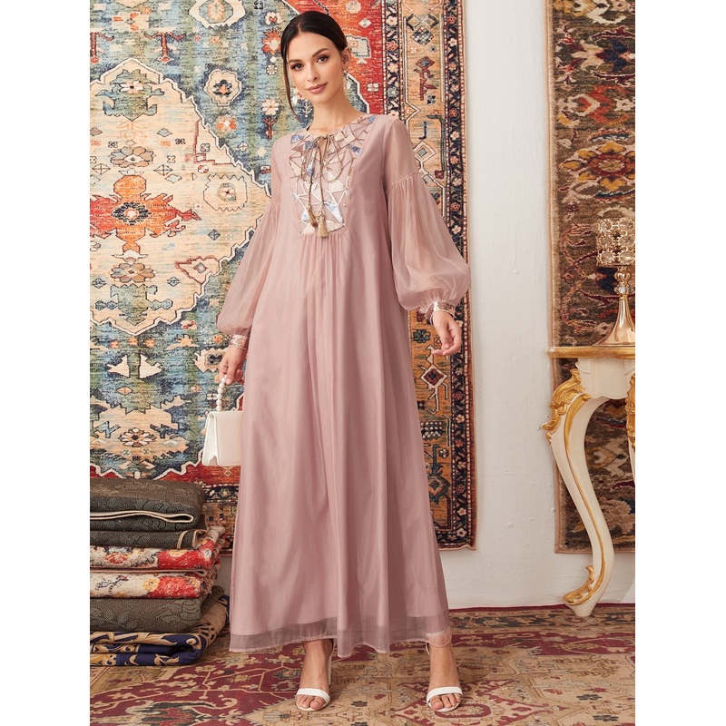 Contrast Sequin Tie Neck Mesh Overlay Dress