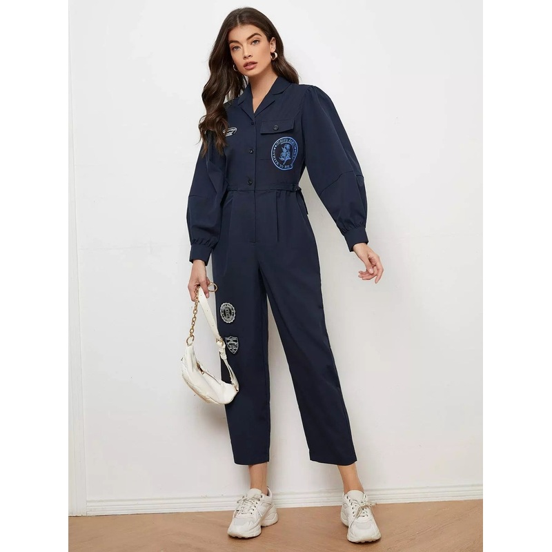 Patched Detail Pocket Shirt Jumpsuit