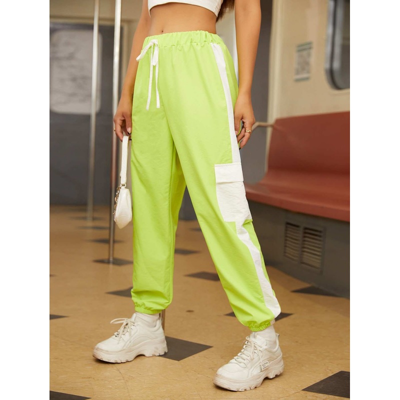 Contrast Sideseam Flap Pocket Drawstring Waist Cargo Pants