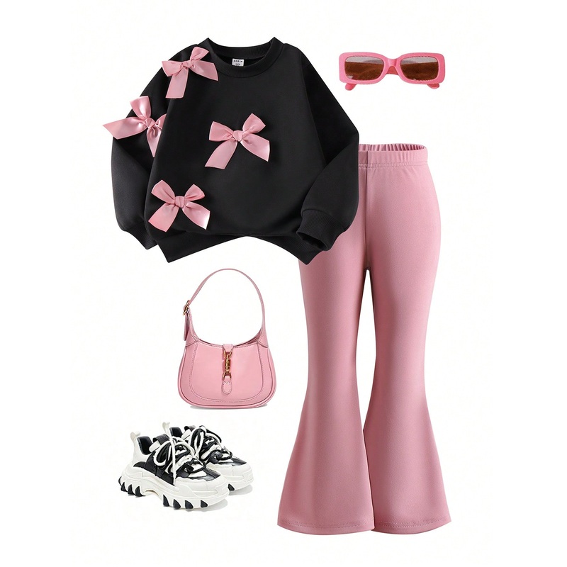 Young Girls Solid Color Bow Sweatshirt & Flared Pants 2 Pieces Set, Sweet And Cute Outfit For Autumn,