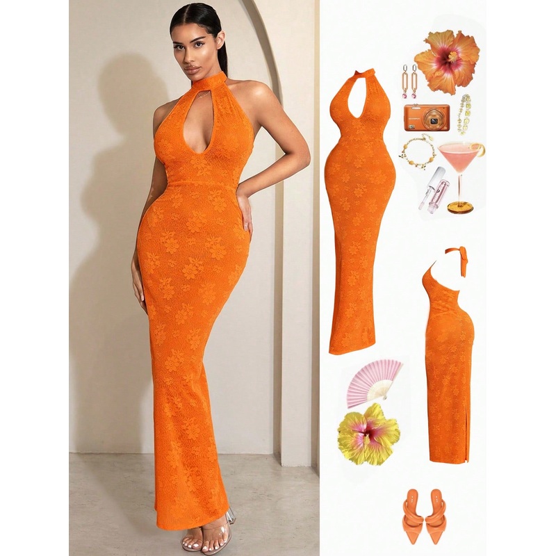 Zolique Comfortable Vacation Style Sheer Lace Front Chest Cutout Halter Neck Sexy Backless Cinched Waist