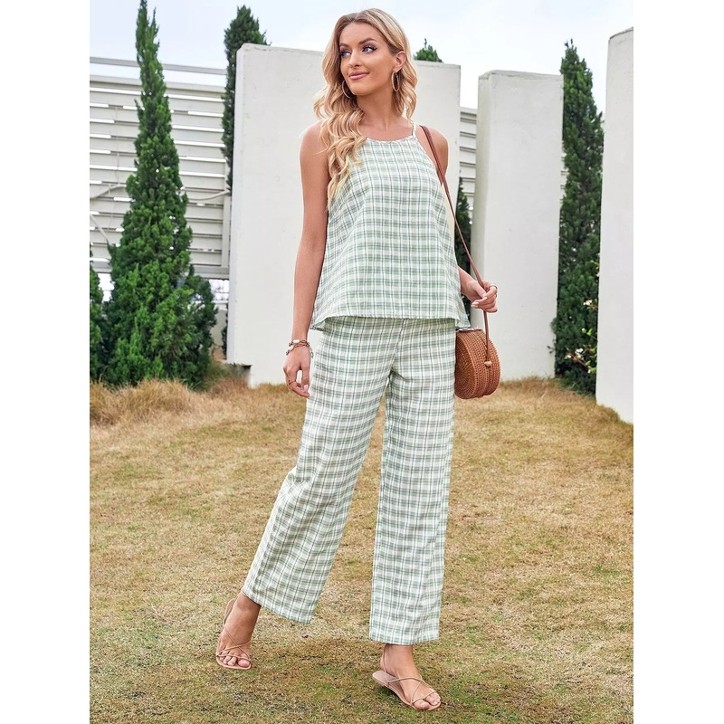 Plaid Cami Top & Wide Leg Pants