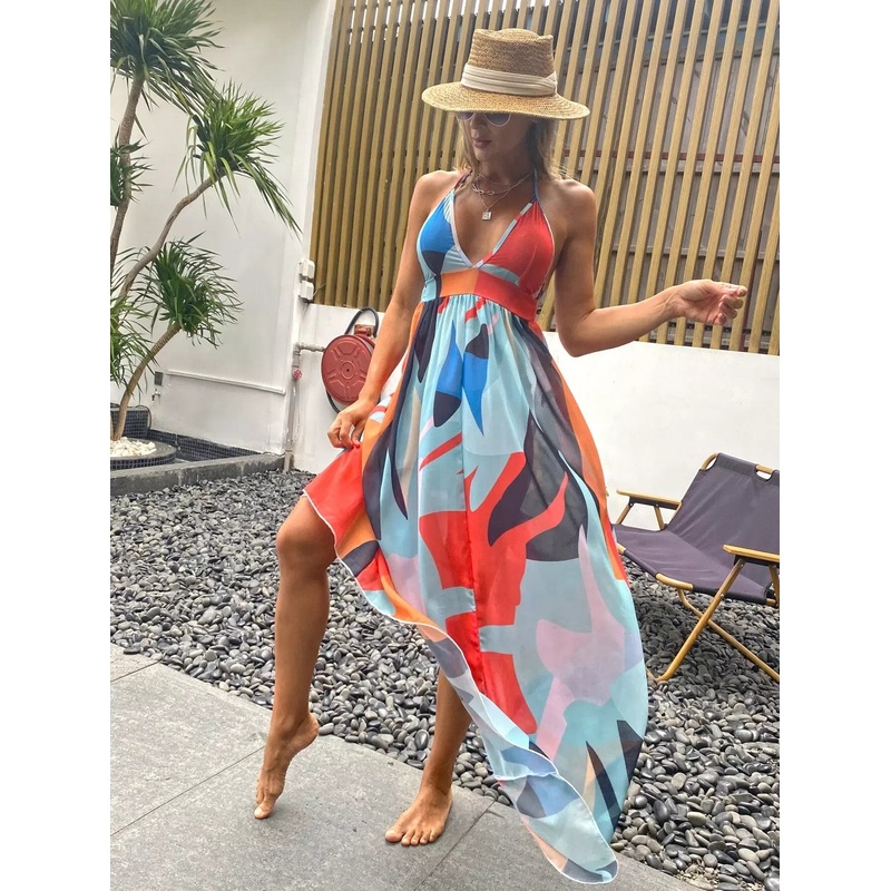 Color Block Halter Cover Up|L