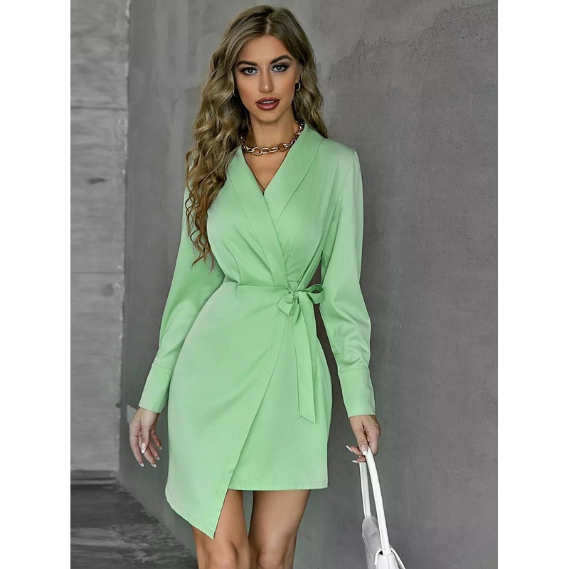 Shawl Neck Asymmetrical Hem Tie Side Wrap Blazer Dress