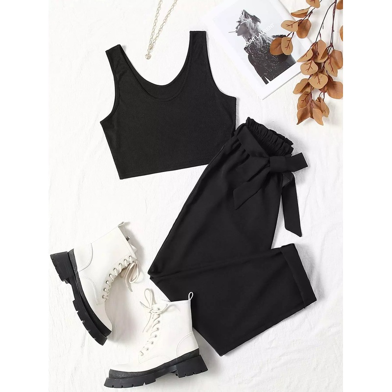 Solid Crop Tank Top & Paper Bag Waist Pants Without Belt