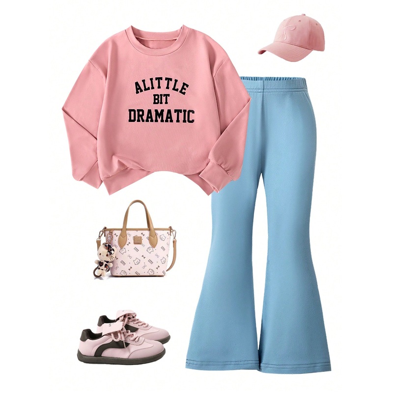 Young Girls Sweet & Cute Crew Neck Long Sleeve Sweatshirt + Flared Long Pants Set, Suitable For Spring/Summer